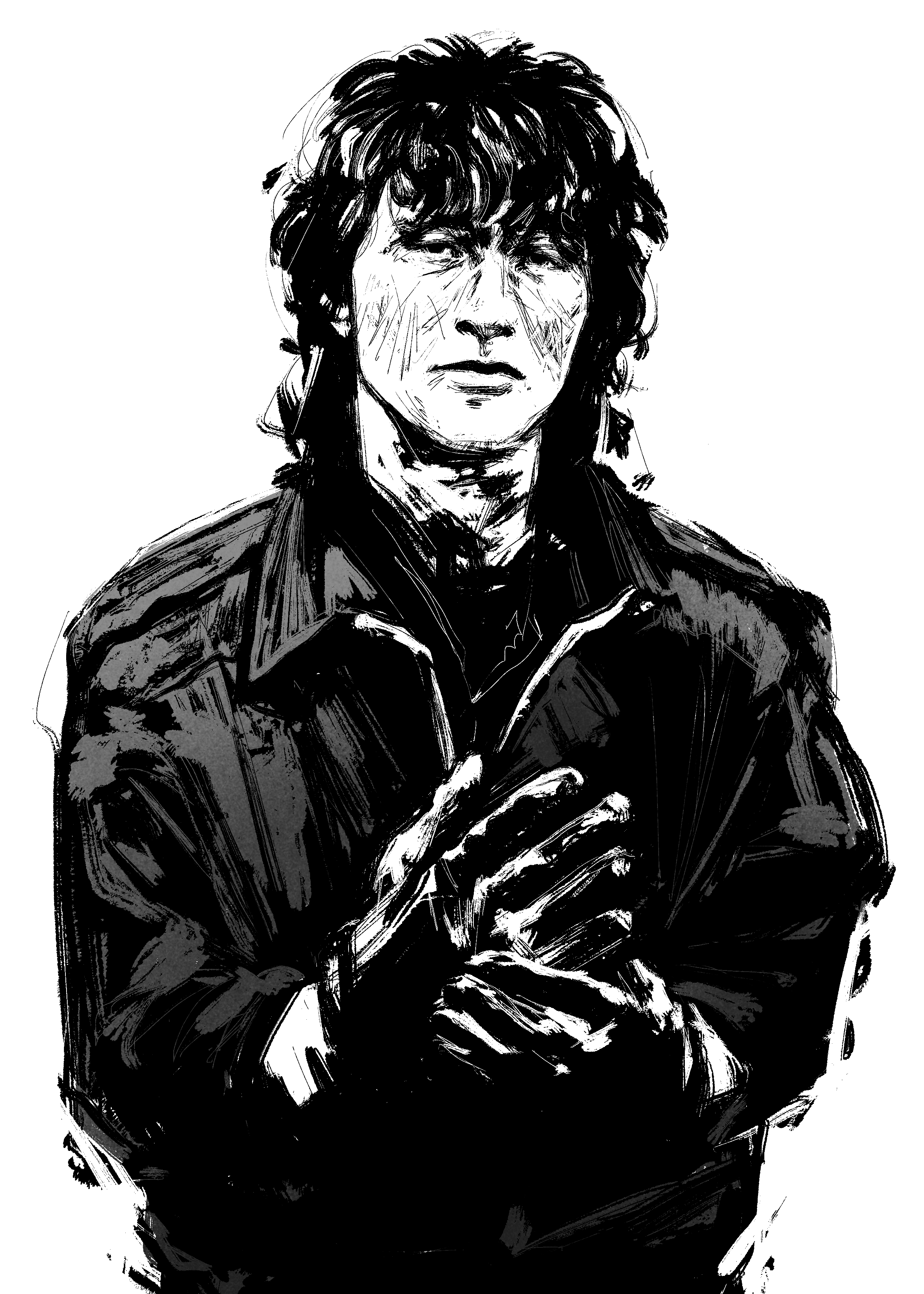 Black and white collage of Viktor Tsoi with his arms crossed on top of a guitar that's strapped to his sholder. He's standing in front of a microphone. Behind him, to the left, we see a vintage film camera, and to the right, Dina (from the movie Igla) wearing a mask and a scorpion.