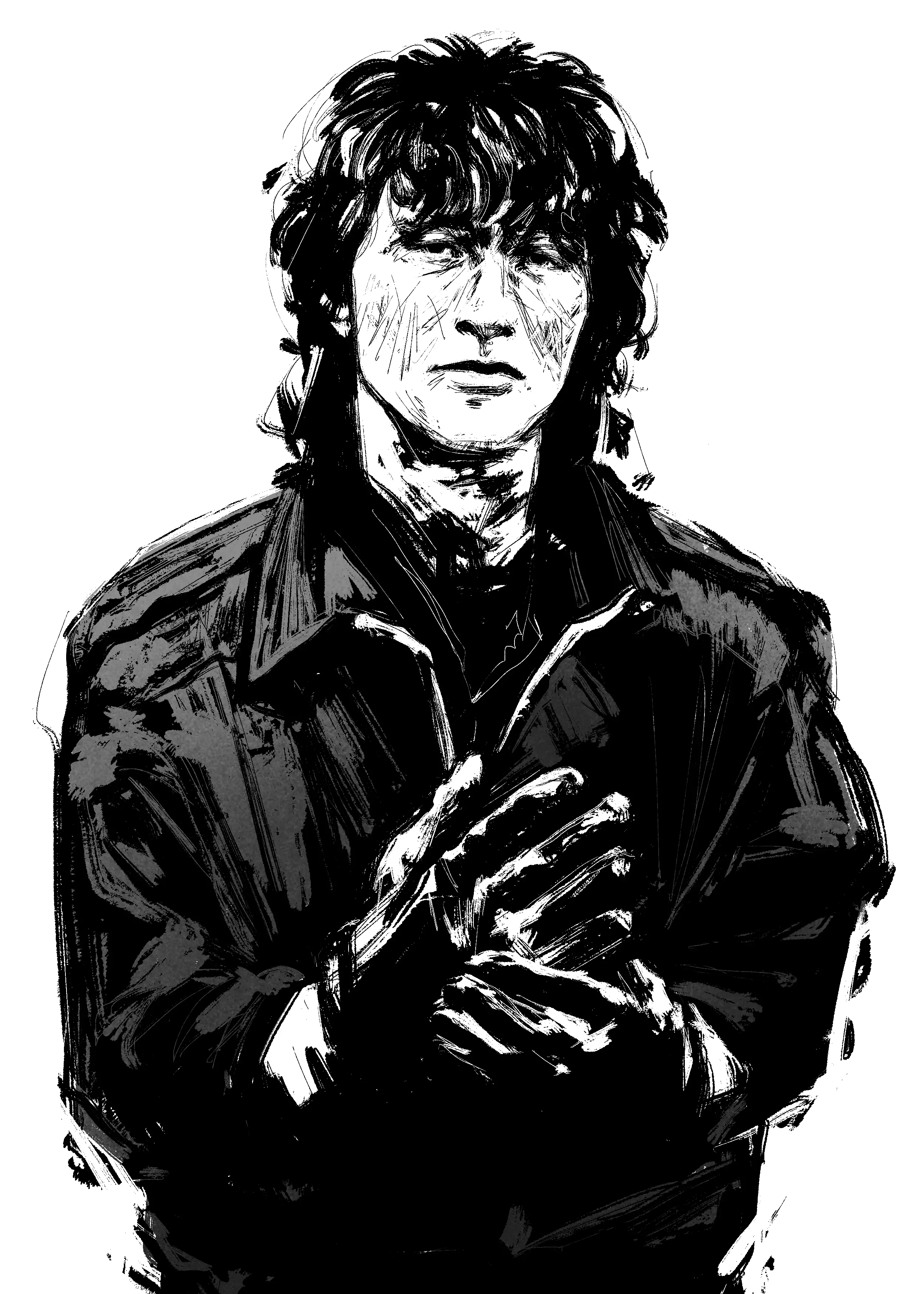 Black and white illustration of Viktor Tsoi adjusting a black leather glove on his left hand. Inspired by the film Igla, the illustration uses visible brush strokes and strong contrast.
